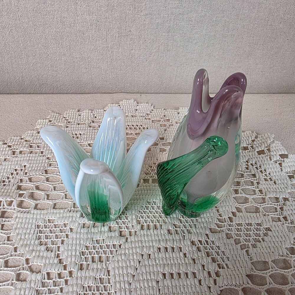 Vintage Handblown Art Glass Flowers Set Green & White Tulip And Purple Gradient - Picture 6 of 7